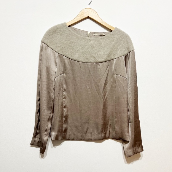 NEW J Brand Felt Textured Wool Satin Contrast Mixed Media Panel Blouse Gray Dove - Picture 1 of 4